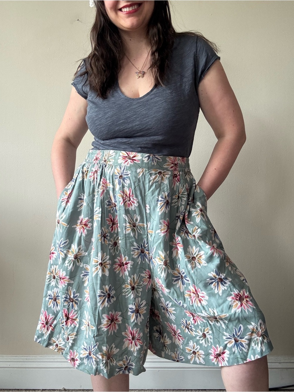 Vintage Floral High Waist Shorts - Teal with Pink & Blue Flowers